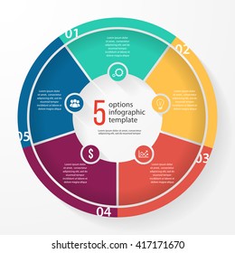 Vector pie chart template for graphs, charts, diagrams. Business circle infographic concept with 5 options, parts, steps, processes.