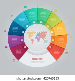 Vector Pie Chart Template For Graphs, Charts, Diagrams. Business Circle Infographic Concept With 10 Options, Parts, Steps, Processes With World Map Inside.