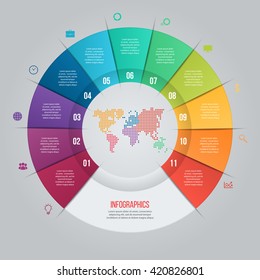 Vector pie chart template for graphs, charts, diagrams. Business circle infographic concept with 11 options, parts, steps, processes with world map inside.