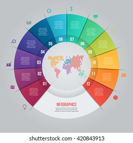 Vector pie chart template for graphs, charts, diagrams. Business circle infographic concept with 12 options, parts, steps, processes with world map inside.