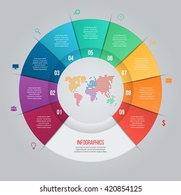 Vector pie chart template for graphs, charts, diagrams. Business circle infographic concept with 9 options, parts, steps, processes with world map inside.