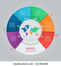 Vector pie chart template for graphs, charts, diagrams. Business circle infographic concept with world map with 6 options, parts, steps, processes. 