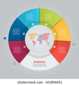 Vector pie chart template for graphs, charts, diagrams. Business circle infographic concept with 6 options, parts, steps, processes with world map inside.