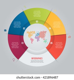 Vector pie chart template for graphs, charts, diagrams. Business circle infographic concept with 5 options, parts, steps, processes with world map inside.
