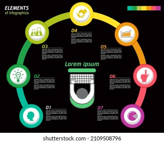 Vector pie chart template for infographics with 7 options. Modern banner, text box used for presentation and workflow layout diagram, web design. On a black background 