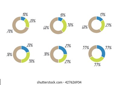 vector pie charts, divided for 3 parts blue green and brown diagrams