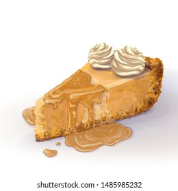 Vector piece of "a la mode" pumpkin cheesecake with caramel sauce, soft ice cream on top, delicate creamy-curd cheese. Crumbly, appetizing, realistic, homemade cakes, hand drawn. Tasty, cottage pastry