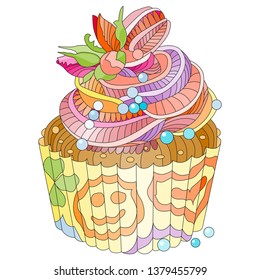 Vector piece of cake with abstract ornaments. Hand drawn illustration for t-shirt in zentangle, doodle style.