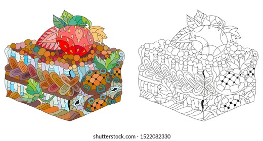Vector piece of cake with abstract ornaments. Color and outline set