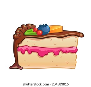 Vector piece of cake with chocolate and fruite topping isolated on white