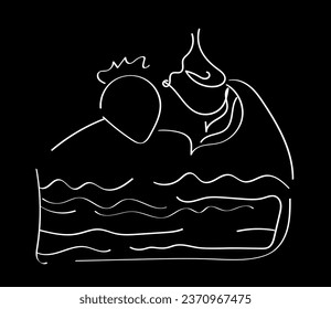 Vector piece of cake drawn with a contour on a black background. A sweet contoured piece of cake with strawberries and cream hand-drawn for the menu on a black background. Illustration EPS 10