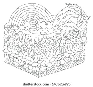 Vector piece of cake with with rainbow and strawberry