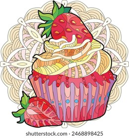 Vector piece of cake with strawberry and abstract ornaments on a patterned round substrate.
