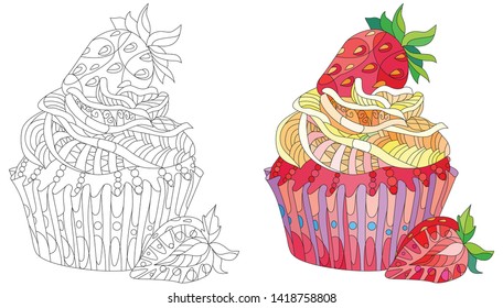 Vector piece of cake with strawberry. Hand drawn illustration for t-shirt in zentangle, doodle style. Color and outline set