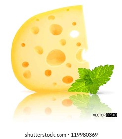 Vector piece of cheese with holes and mint leaf isolated on white background.