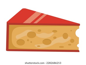 Vector piece of cheese isolated on white background. Modern flat, realistic, colorful. Cartoon Edam cheese with red wax rind. Triangle piece cut out of round cheese. Holland dairy product gouda