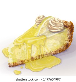 Vector piece of cheesecake with airy and tender, delicate creamy-curd cheese. Crisp and crumble cake with back, appetizing, realistic, homemade cakes, with lemon, ice cream, lemon wet jam. Healthy