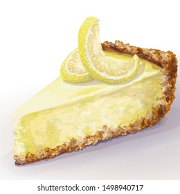 Vector piece of cheesecake with airy and tender, delicate creamy-curd cheese. Crisp and crumble cake with back, appetizing, realistic, homemade cakes with lemon, decorate top. Healthy, cottage pastry