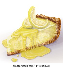 Vector piece of cheesecake with airy and tender, delicate creamy-curd cheese. Crisp and crumble cake with back, appetizing, realistic, homemade cakes with lemon, lemon wet jam. Healthy, cottage pastry