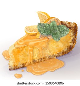 Vector piece of cheesecake with airy and tender, delicate creamy-curd cheese, mint. Crisp and crumble cake with back, appetizing, realistic, homemade cottage cake, orange decoration pieces, orange jam