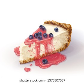 Vector piece of cheesecake cake with airy and tender, delicate creamy-curd cheese. Crisp and crumbly cake with back. Berry jam, juicy, liquid, with blueberries. Appetizing, realistic, homemade cakes