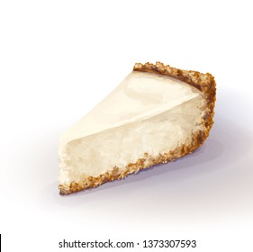 Vector piece of cheesecake cake with airy and tender, delicate creamy-curd cheese. Crisp and crumbly cake with back, appetizing, realistic, homemade cakes, drawn by hand. Tasty and healthy, delicious