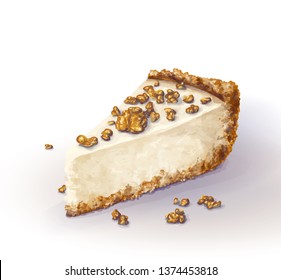 Vector piece of cheesecake cake with airy and tender, delicate creamy-curd cheese. Crisp and crumble cake with back, appetizing, realistic, homemade cakes, with walnuts. Tasty, healthy, dainty, regale