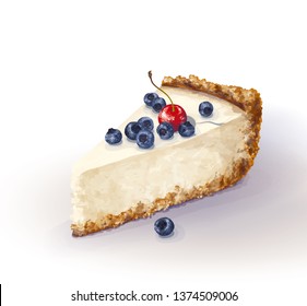 Vector piece of cheesecake cake with airy and tender, delicate creamy-curd cheese. Crisp and crumble cake with back, appetizing, realistic, homemade cakes, with bleaberries and cherry. Tasty, healthy