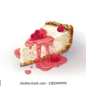 Vector piece of cheesecake cake with airy and tender, delicate creamy-curd cheese. Crisp and crumble cake with back. Berry jam, juicy, liquid, with raspberries. Appetizing, realistic, homemade cakes