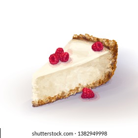 Vector piece of cheesecake cake with airy and tender, delicate creamy-curd cheese. Crisp and crumbly cake with raspberry, appetizing, realistic, homemade, hand-drawn. Tasty and healthy, delicious