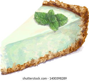 Vector piece of cheesecake cake with airy and tender, delicate creamy-peppermint cheese-cream. Crisp and crumble cake with back. Mint-flavored, with sprig of mint. Pastry, tasty, realistic hand-drawn.
