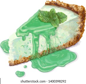 Vector piece of cheesecake cake with airy and tender, delicate creamy-peppermint cheese. Crisp and crumble cake with back. Mint-flavored jam, juicy, liquid, with sprig of mint. Tasty, realistic drawn.