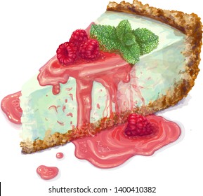 Vector piece of cheesecake cake with airy and tender, delicate creamy-peppermint cheese. Crisp and crumble cake with back. Berry jam, juicy, liquid, with raspberries, sprig of mint. Tasty, realistic.