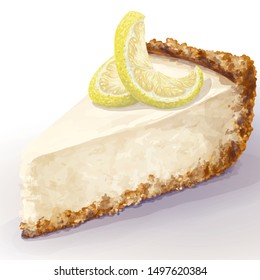 Vector piece of cheesecake cake with airy and tender, delicate creamy-curd cheese. Crisp and crumble cake with back, appetizing, realistic, homemade cakes, with lemon for decoration. Tasty, healthy