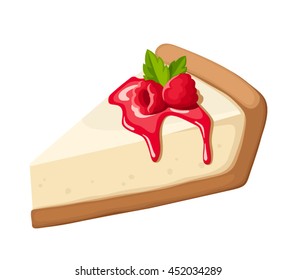 Vector piece of a cheesecake with raspberry, jam and mint leaves isolated on a white background.