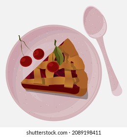 Vector piece of cherry pie on pink ceramic plate with spoon isolated on white background.
