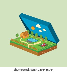 Vector piece of land and sky with objects