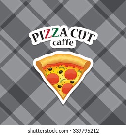Vector piece of pizza realistic icon for label, stickers, or menu print on plaid pattern