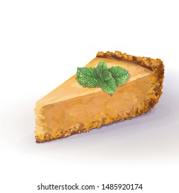 Vector  piece of pumpkin cheesecake cake with mint sprig, tender, delicate creamy-curd cheese. Crisp, crumbly cake with back, appetizing, realistic, homemade cakes, hand drawn. Tasty, cottage pastry