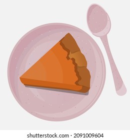 Vector piece of pumpkin pie on pink ceramic plate with spoon isolated on white background.
