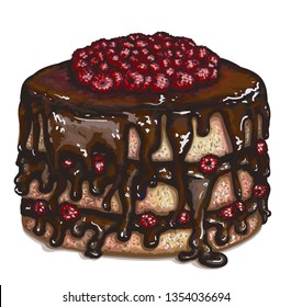 Vector piece of raspberry cake with with chocolate filling, crumbly tender cake layers, which are smeared with fantastic natural chocolate glaze, delicately tasty for gurman. Realistic, hand drawing.