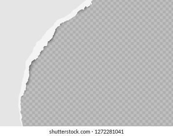 Vector piece of realistic gray torn paper with shadow on transparent background.