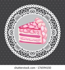 Vector piece of strawberry cake on doily. Vector Illustration.