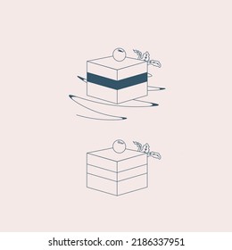Vector piece of sweet cheesecake with cherry and mint in flat design style for birthday, shops, confectionery, wedding and other business

