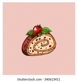 Vector  piece of sweet roll. Hand drawn illustration for card, postcard, invitation, mothers day card, birthday card, menu, recipe.