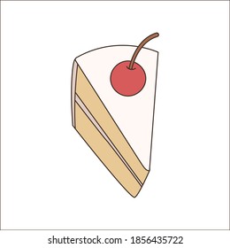 Vector Piece of Vanilla cake with creamy and red cherry. eps 10 vector.