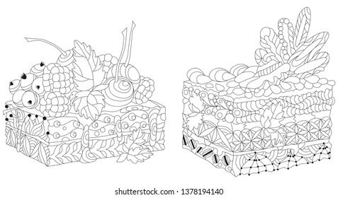 Vector pieces of cake with abstract ornaments. Hand drawn illustration for t-shirt in zentangle, doodle style.