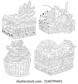 Vector pieces of cake with abstract ornaments for coloring.