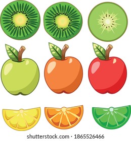 Vector  pieces of kiwi, orange (lemon, lime) and apples (set)
