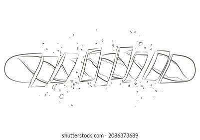 Vector Pieces of sliced baguette. White long loaf French baked bread. Slices and crumbs. Logo, icon. Sketch realistic line vintage illustration. Top view